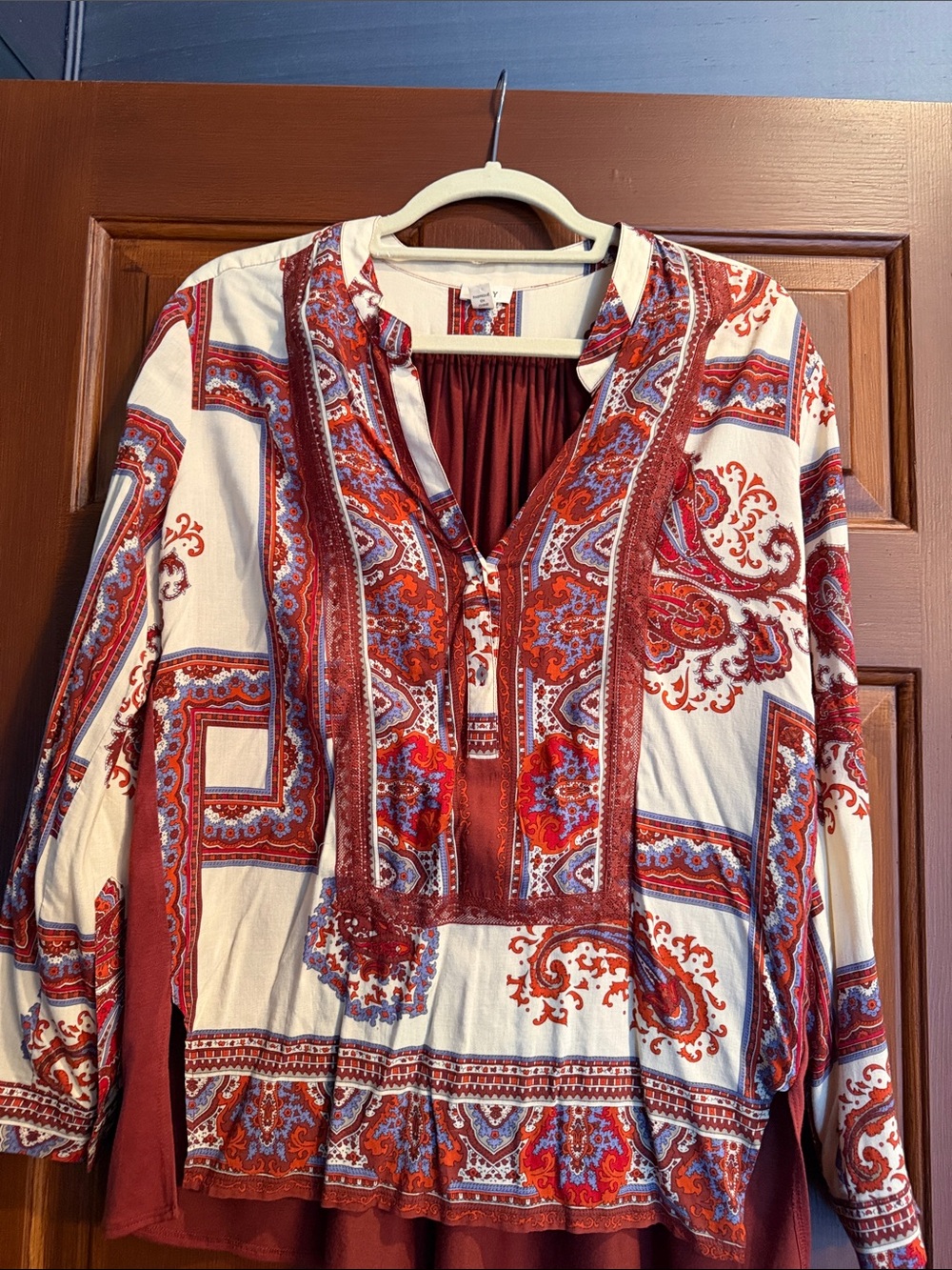 Boho Paisley Split-Neck Women's Top - Maroon, Ivory and Blue Multi